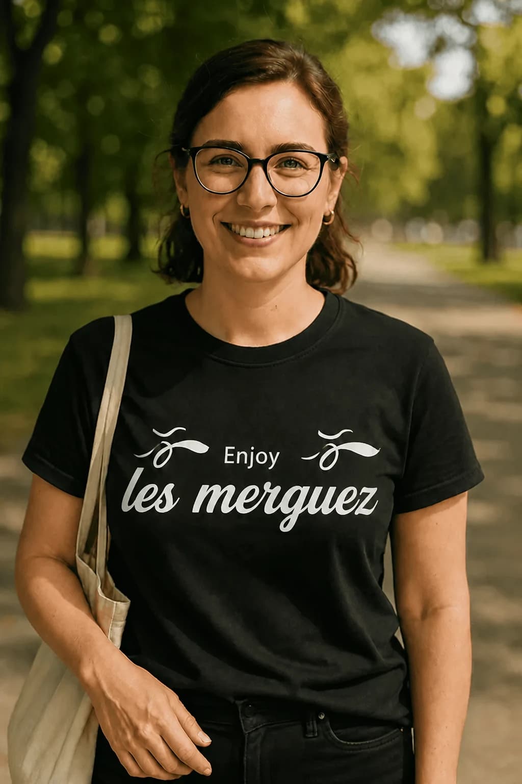 Femme souriante en t-shirt noir avec une inscription barbecue en écriture élégante blanche et arabesques
