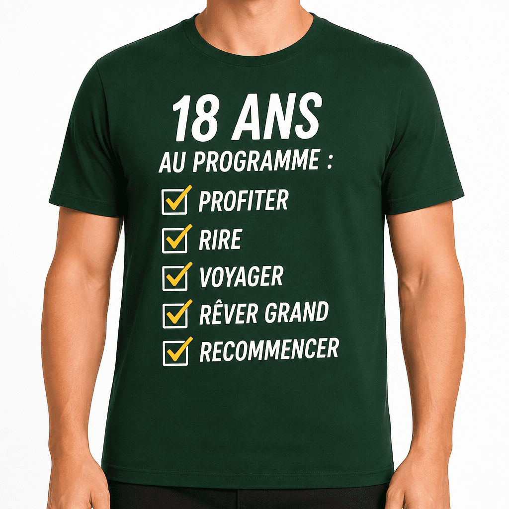 T-shirt 18 ans – 18 ans au programme : profiter rire voyager rêver grand recommencer