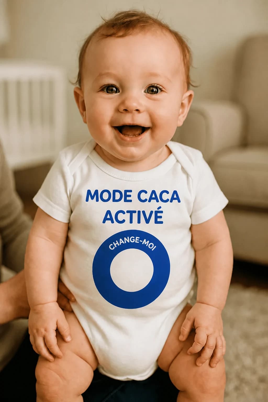 Bébé en body blanc avec molette ronde bleue « Change-moi » et inscription « Mode caca activé », body humour