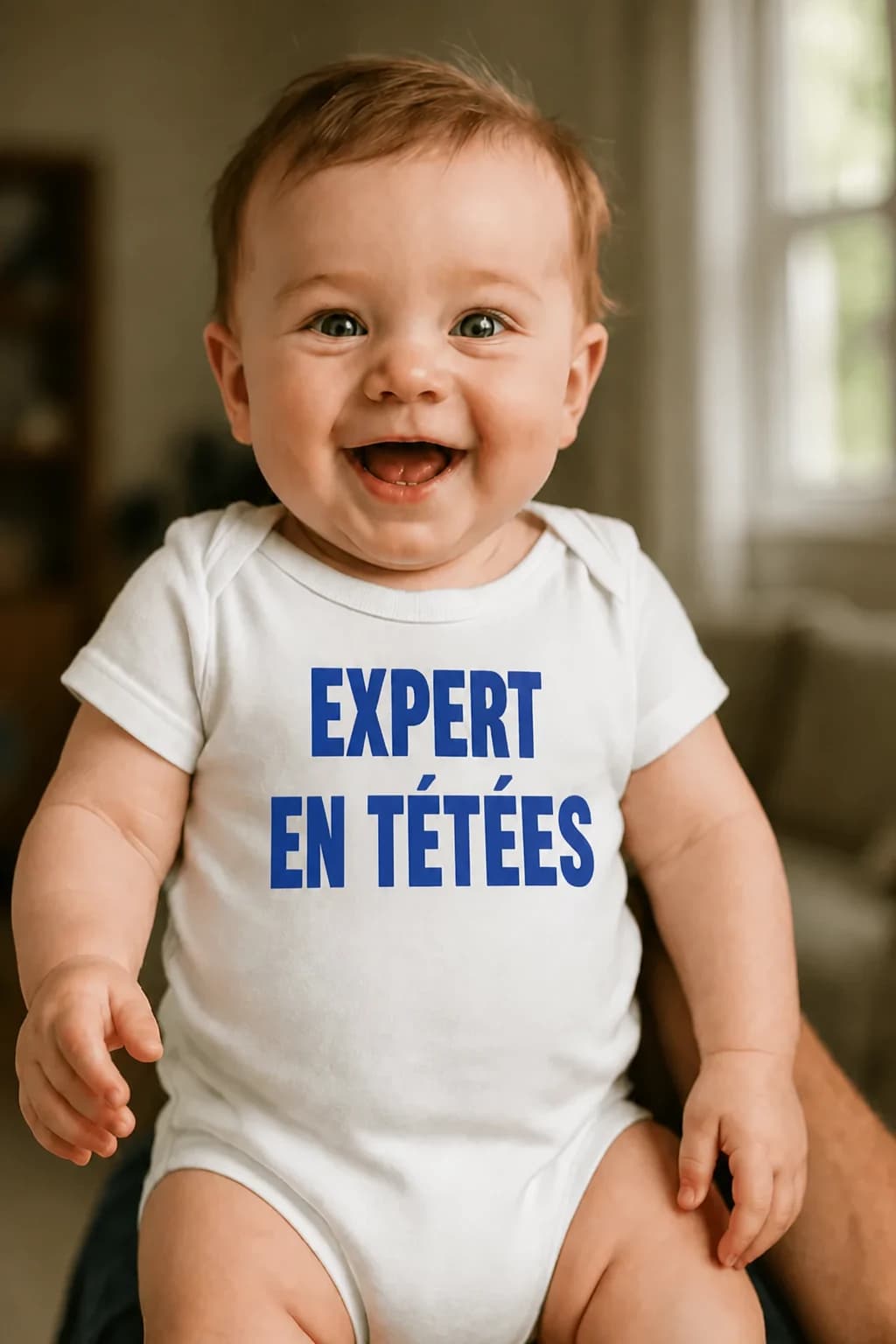 Bébé souriant en body blanc avec l'inscription bleue « Expert en tétées », body bébé humour allaitement