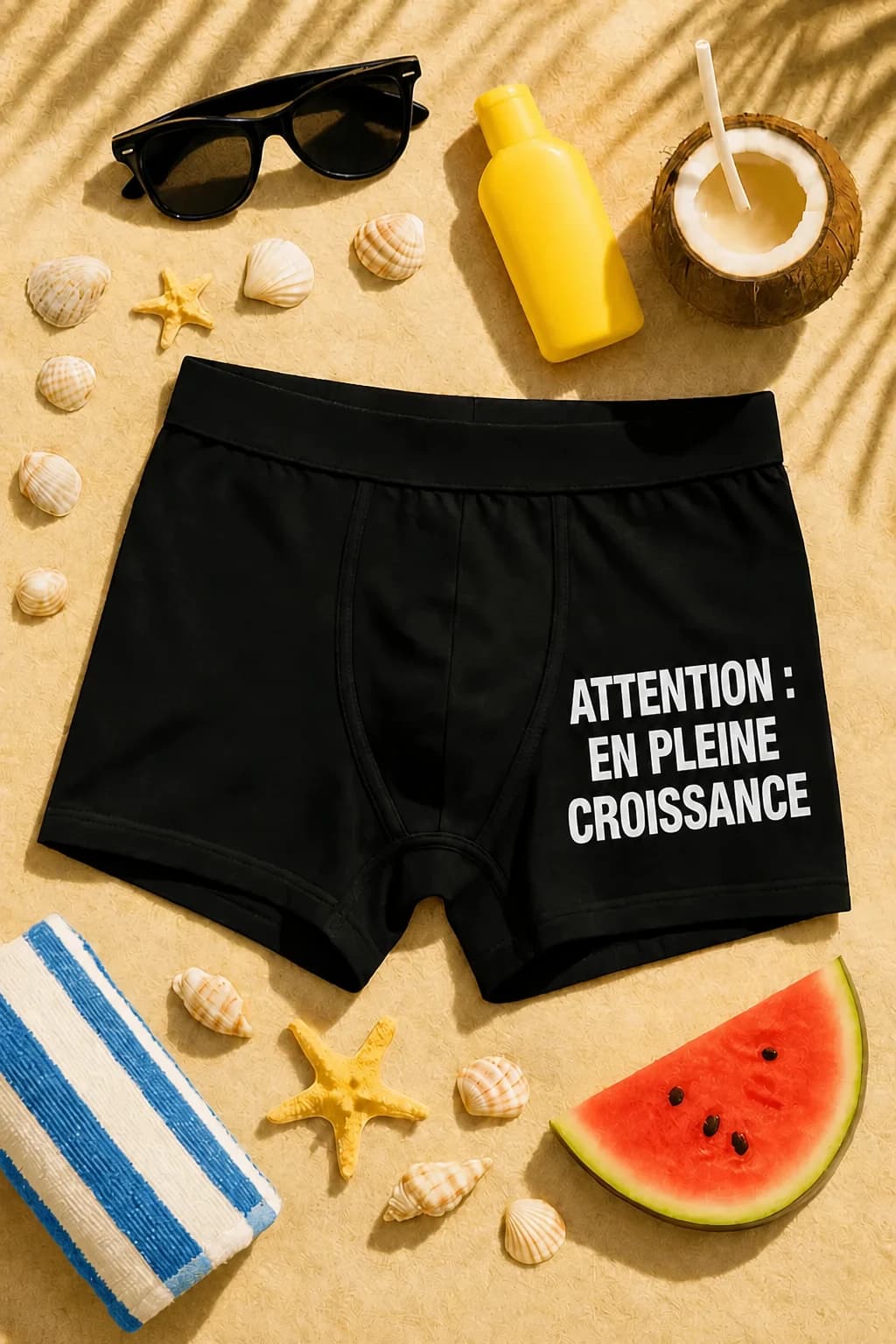 Boxer noir pour homme avec le message « Attention : en pleine croissance », cadeau humoristique sur le sable