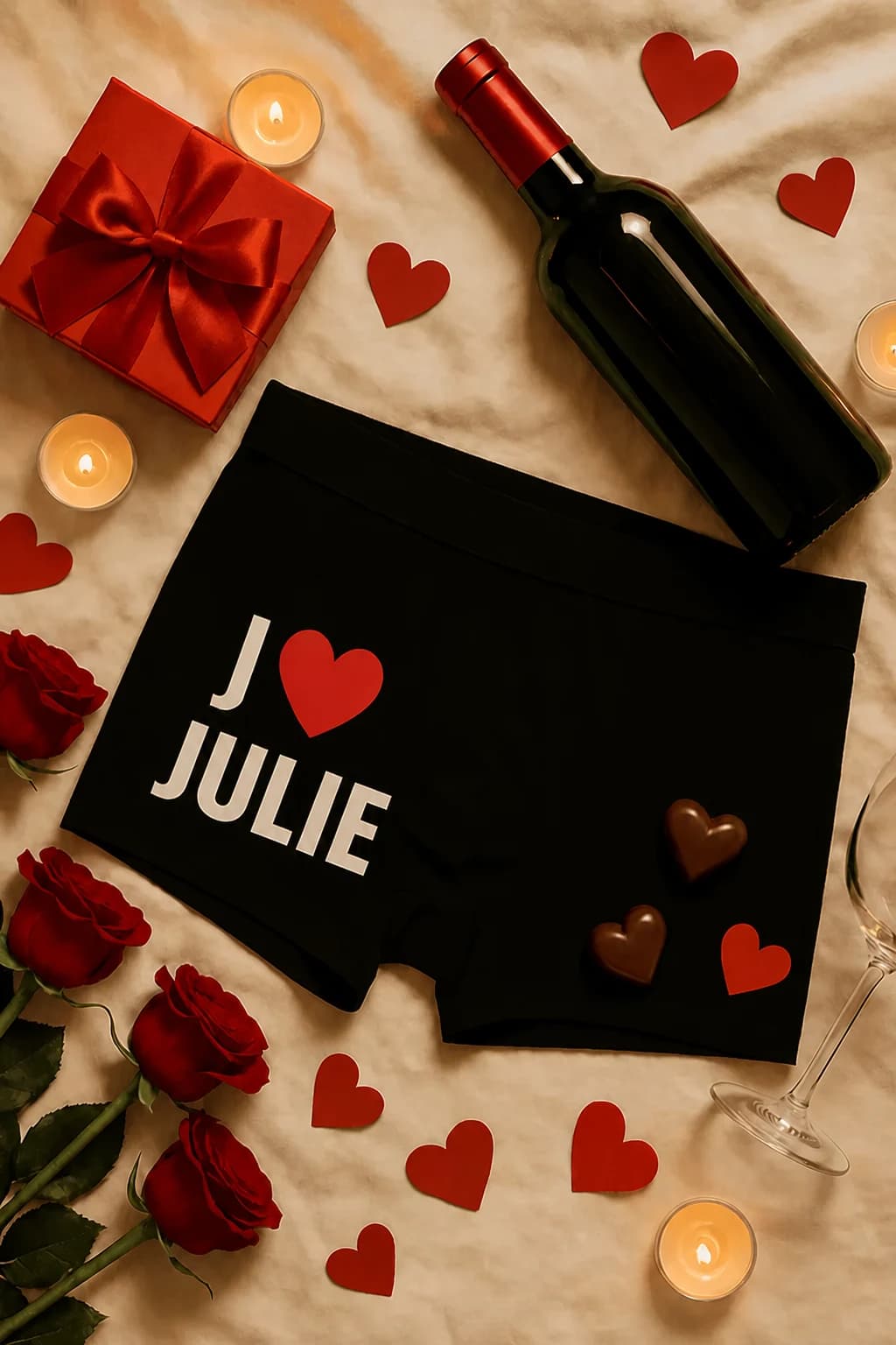 Boxer noir personnalisé « J ♥ » avec cœur rouge et prénom en blanc, roses et chocolats, cadeau Saint-Valentin