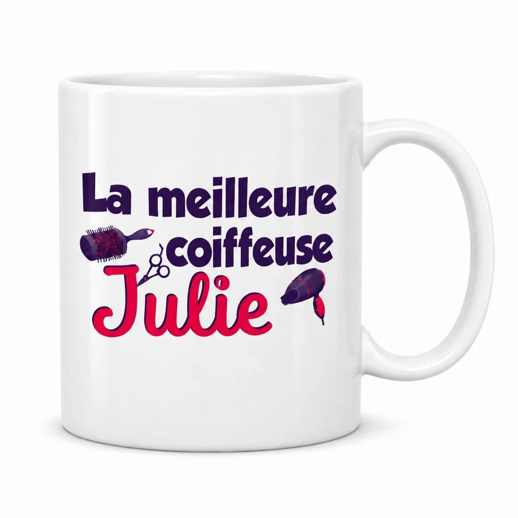 Mug blanc « La meilleure coiffeuse Julie » avec brosse, ciseaux et sèche-cheveux, cadeau personnalisé coiffeuse