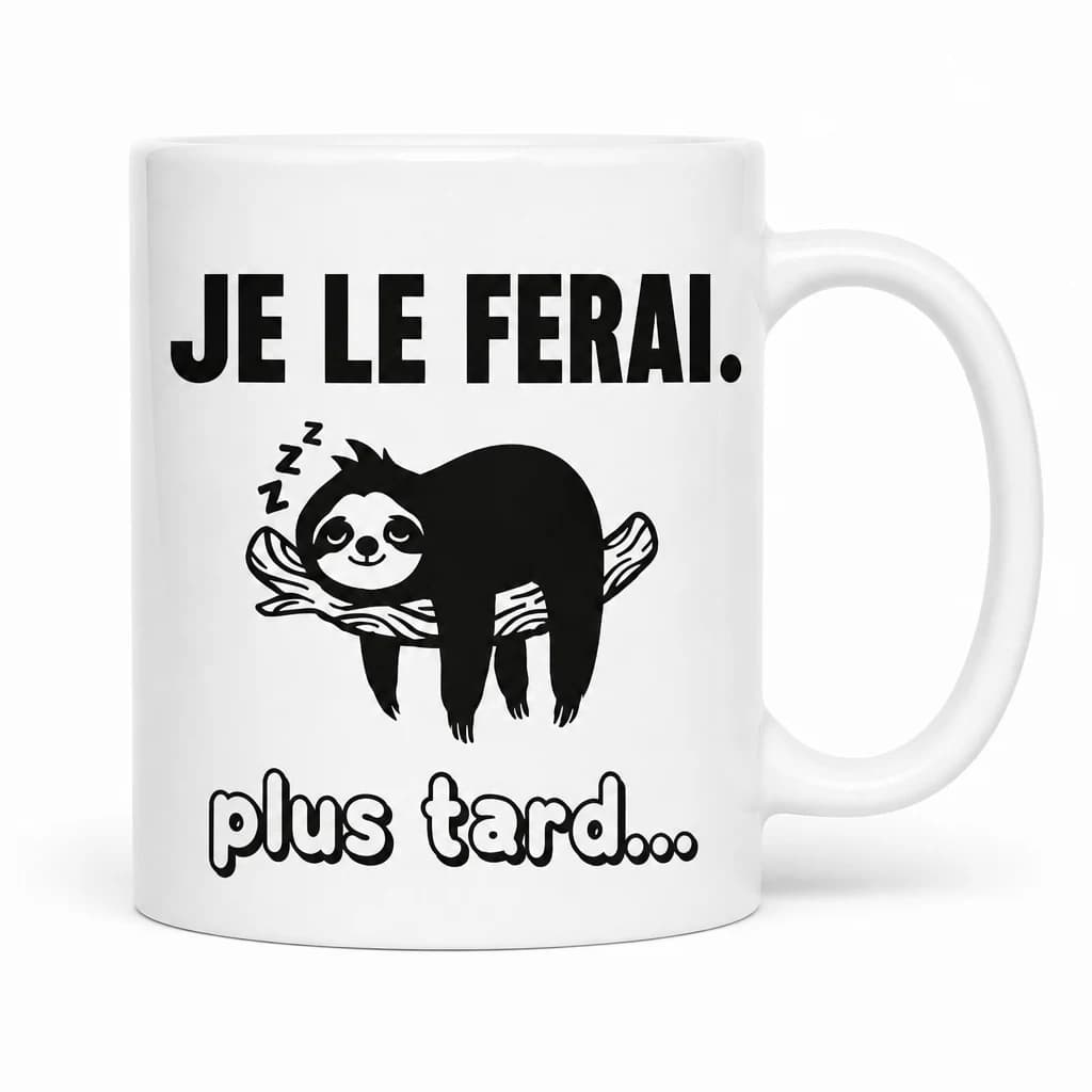 Mug blanc avec un paresseux endormi sur une branche et le texte « Je le ferai. Plus tard… »