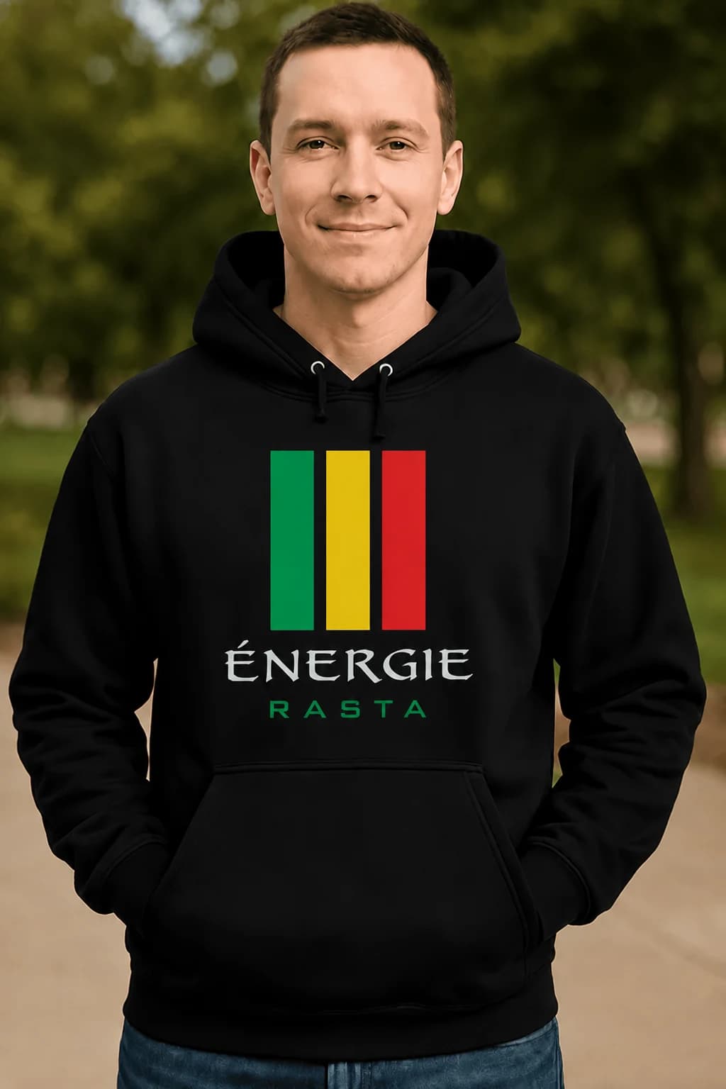 Sweat à capuche noir porté par un homme, trois bandes vert jaune rouge et inscription « Énergie rasta »