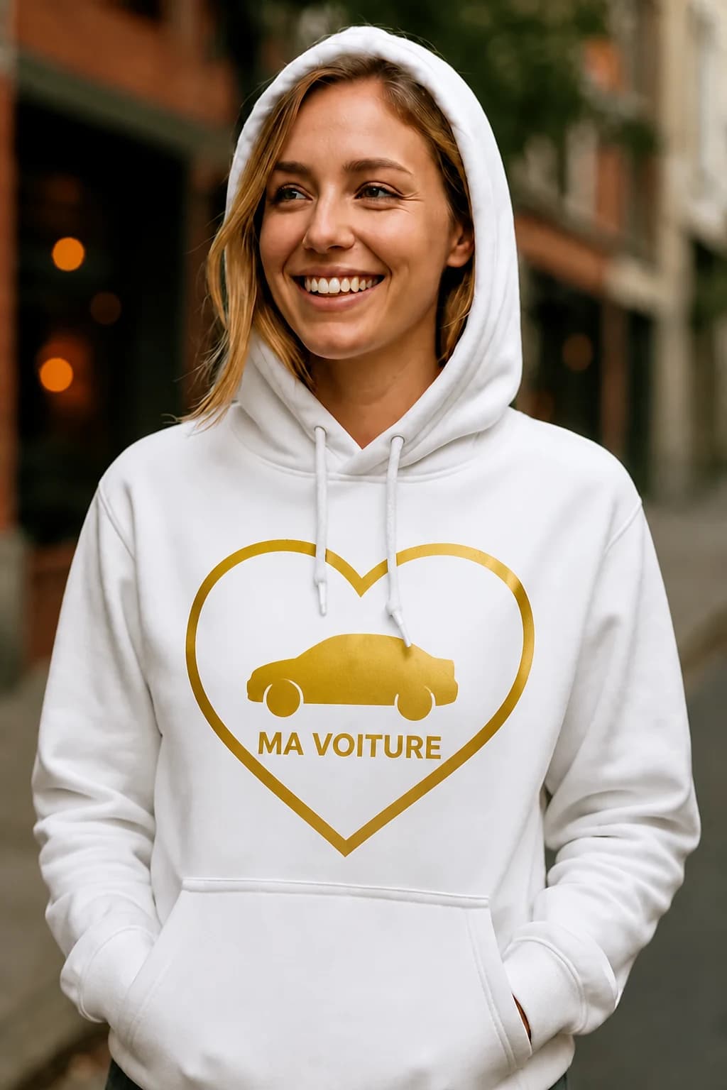 Sweat à capuche blanc porté par une femme, grand cœur doré avec silhouette de voiture et texte personnalisé
