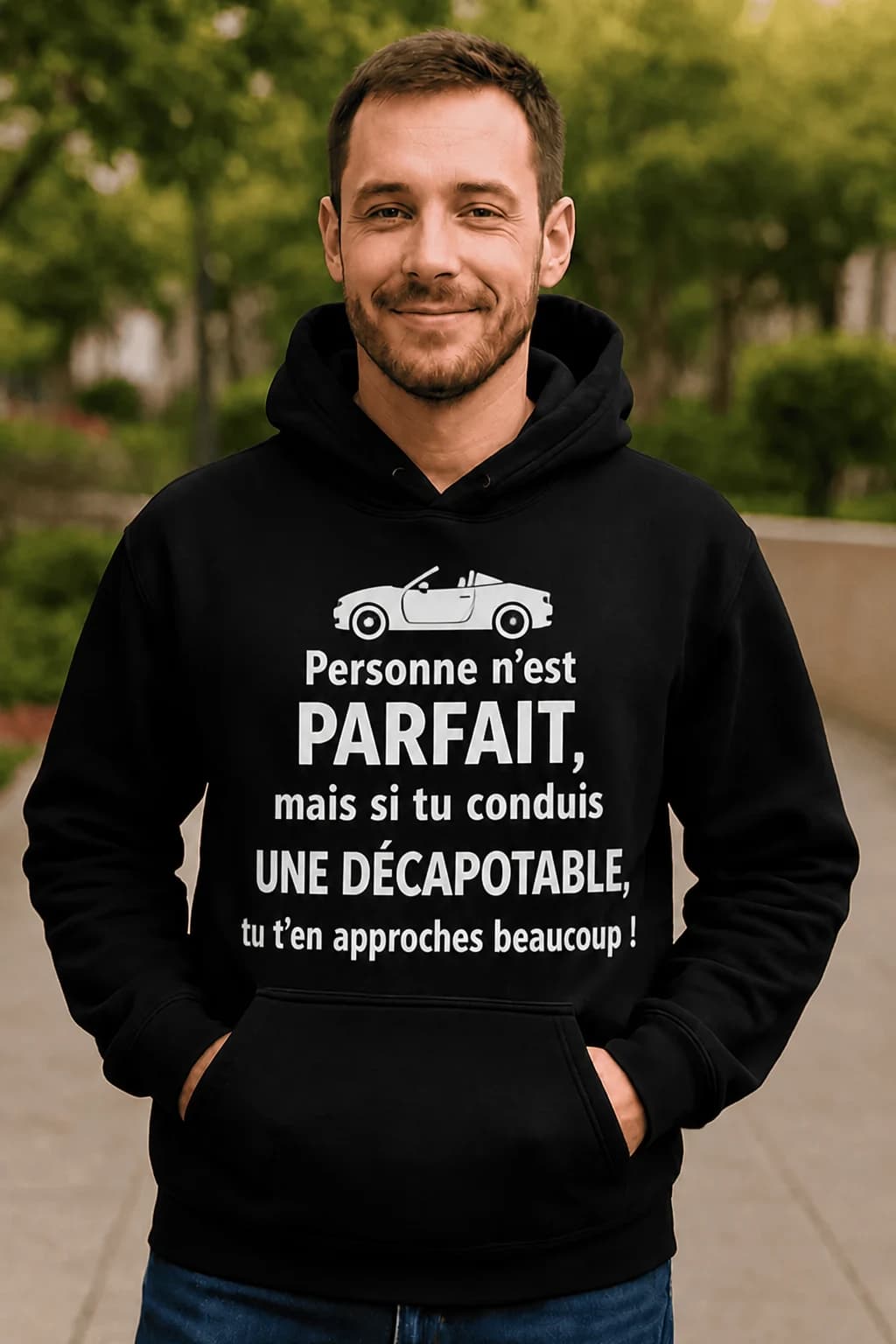 Sweat à capuche noir porté par un homme, texte « Personne n'est parfait, mais si tu conduis une décapotable… »