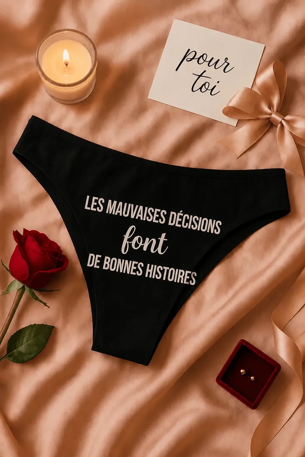 Culotte noire sur du satin avec roses, texte « Les mauvaises décisions font de bonnes histoires »