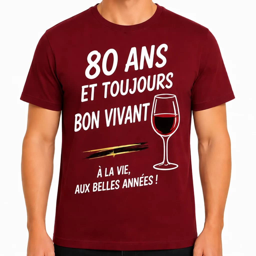T-shirt bordeaux avec verre de vin rouge et texte « 80 ans et toujours bon vivant, à la vie, aux belles années »