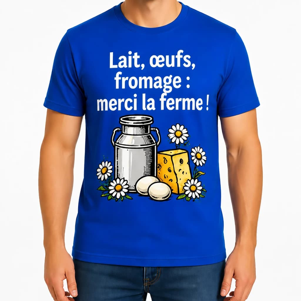 T-shirt bleu roi avec bidon de lait, œufs, fromage et marguerites, texte « Lait, œufs, fromage : merci la ferme »