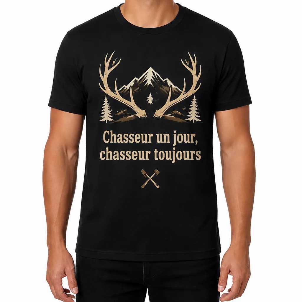 T-shirt noir avec bois de cerf, montagne et sapins, texte « Le sang de chasseur ne rouille jamais »