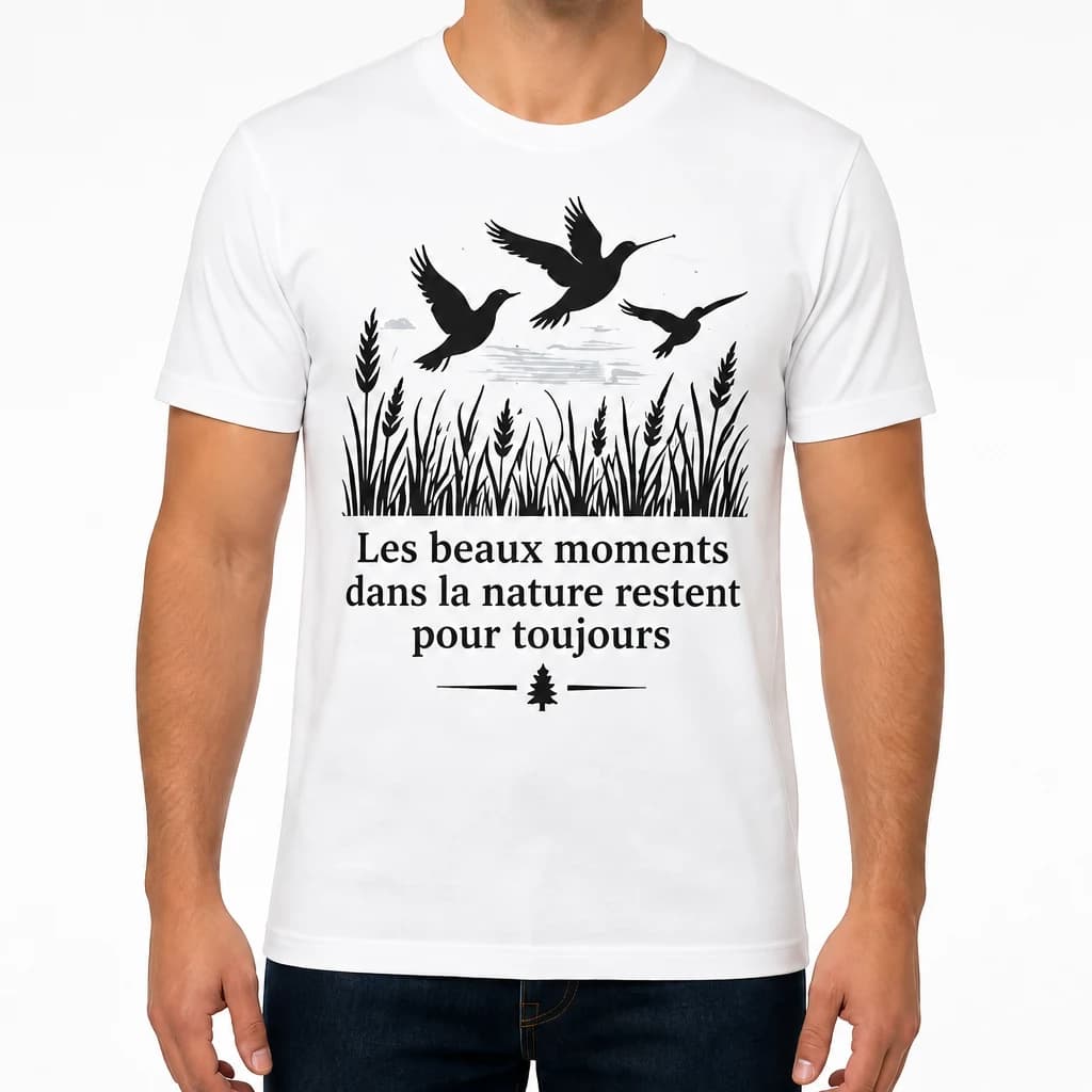 T-shirt blanc avec canards en vol au-dessus des roseaux, texte « Les beaux moments en nature restent pour toujours »