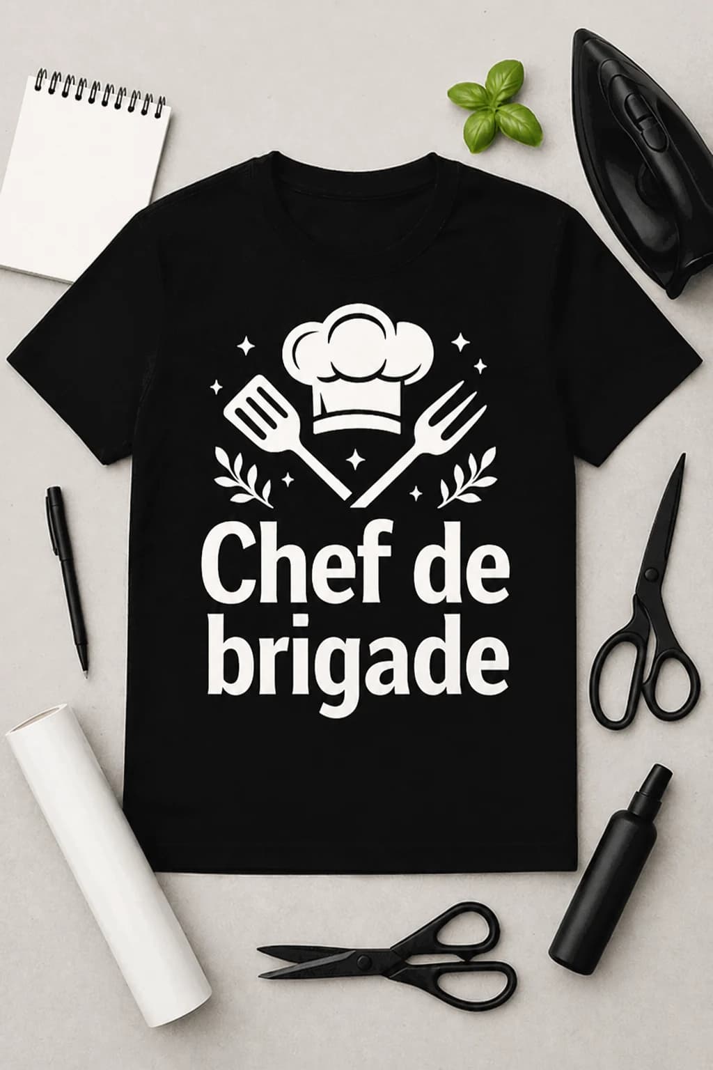 T-shirt noir avec toque de chef, spatule et fourchette croisées, inscription « Chef de brigade »