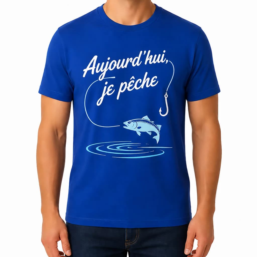 T-shirt bleu roi avec texte « Aujourd’hui, je pêche », ligne, hameçon et poisson bleu jaillissant de l’eau