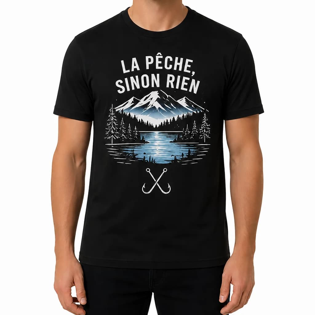 T-shirt noir avec lac de montagne sous la lune, hameçons croisés et texte « La pêche, sinon rien »