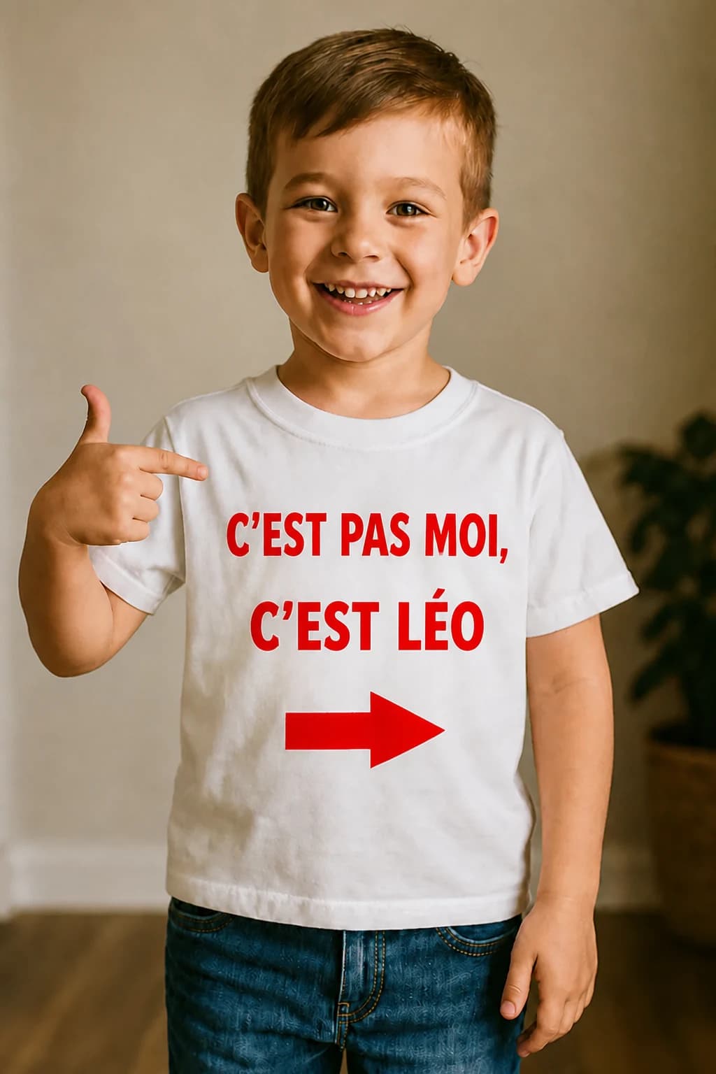 Enfant en t-shirt blanc avec texte rouge « C’est pas moi, c’est Léo » et flèche, prénom personnalisable