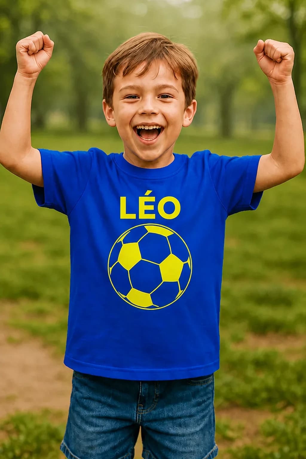 Garçon en t-shirt bleu roi avec prénom personnalisé en jaune et grand ballon de football