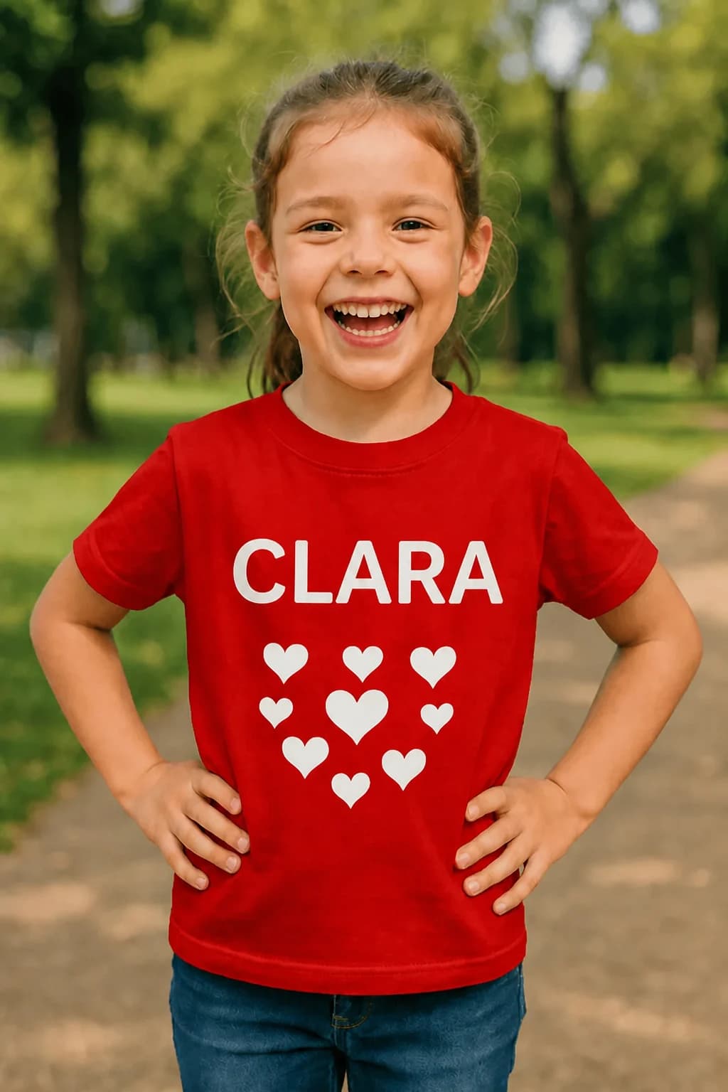 Petite fille en t-shirt rouge avec prénom personnalisé et petits cœurs blancs en dessous