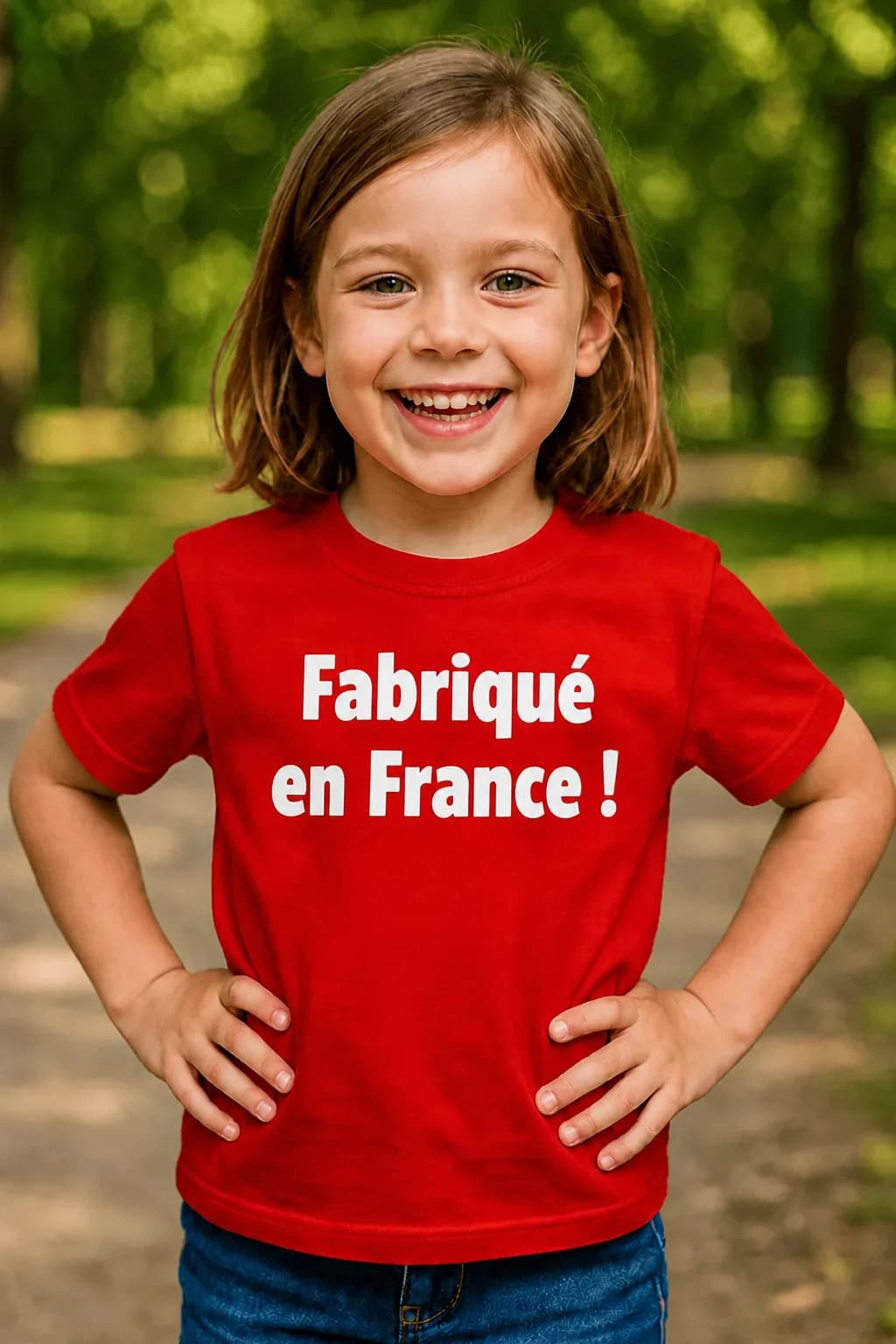 Petite fille souriante en t-shirt enfant rouge avec texte blanc « Fabriqué en France ! »