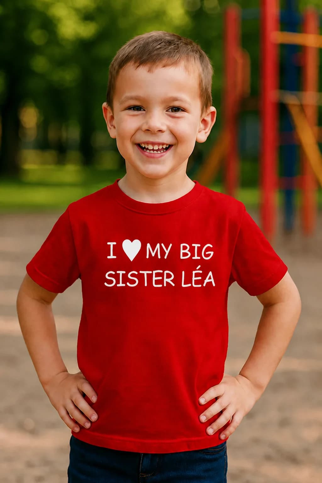 Garçon en t-shirt rouge avec le message blanc « I love my big sister » suivi d'un prénom