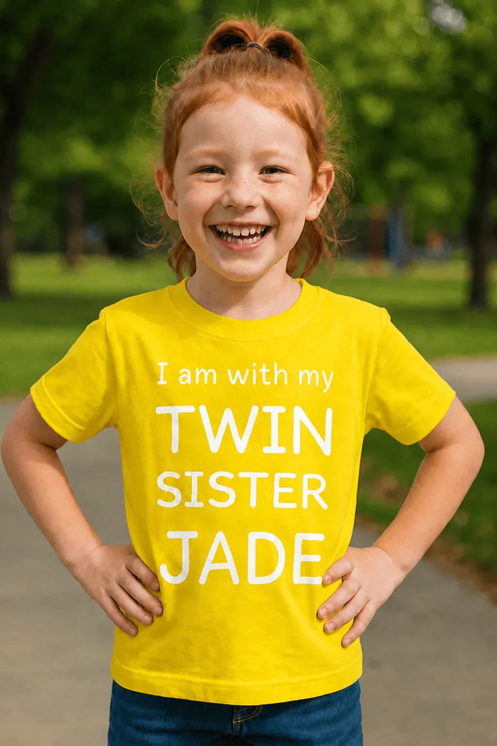 Fillette rousse en t-shirt jaune avec le texte blanc « I am with my twin sister » et un prénom