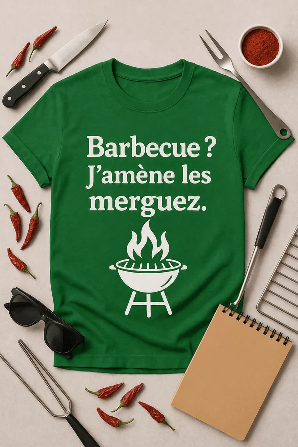 T-shirt vert posé à plat avec texte blanc sur les merguez et un barbecue fumant, entouré d'ustensiles