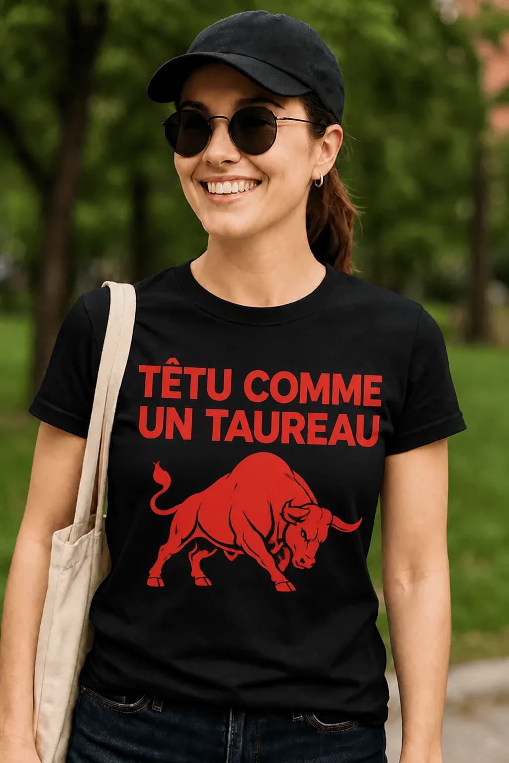 T-shirt noir porté par une femme avec un taureau rouge qui charge et le texte « Têtu comme un taureau »