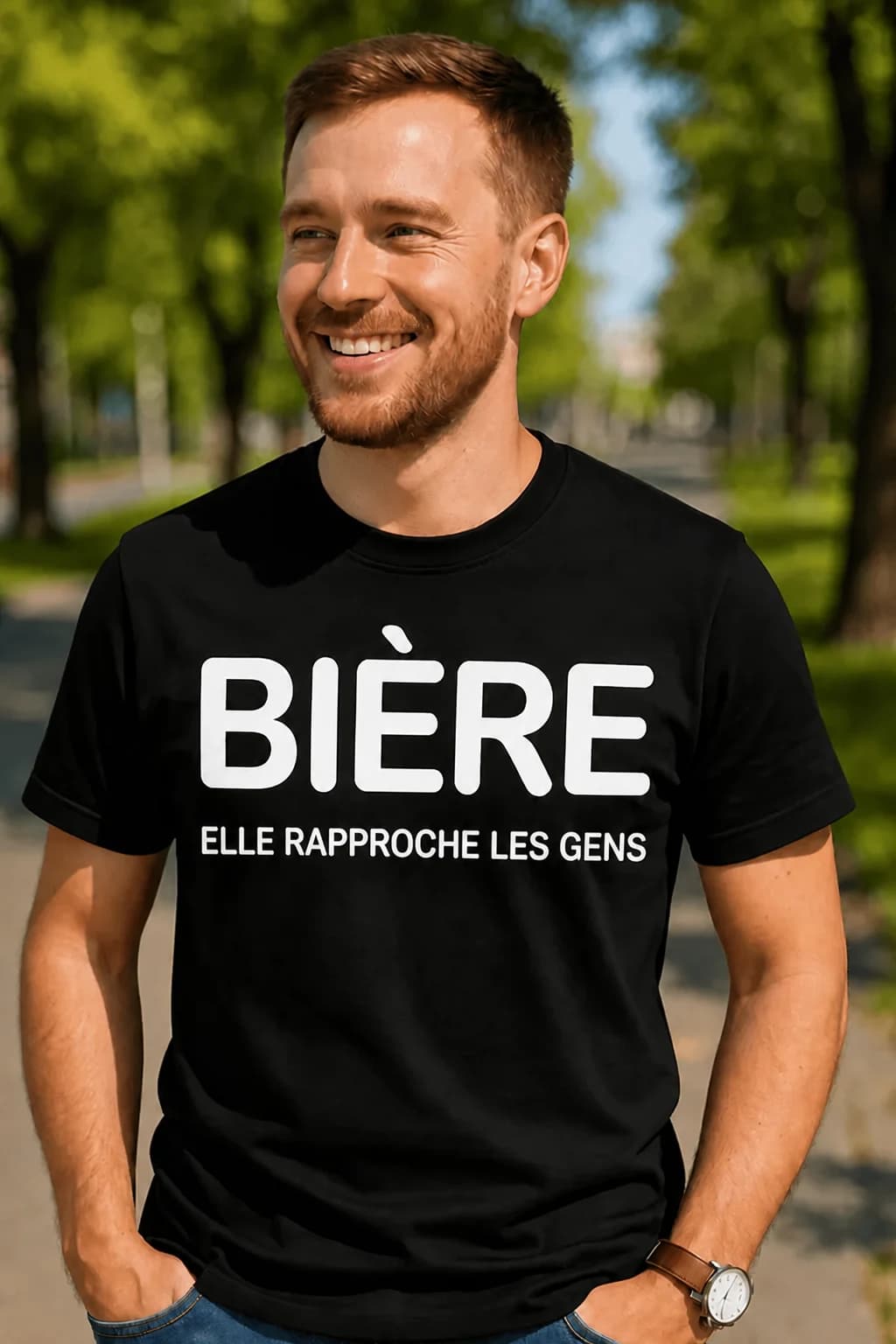 T-shirt noir porté par un homme avec le texte blanc « Bière – elle rapproche les gens »