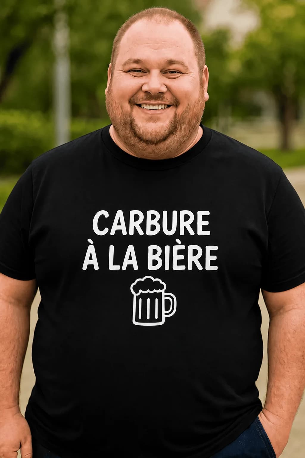 T-shirt noir porté par un homme avec une petite chope et le texte blanc « Carbure à la bière »