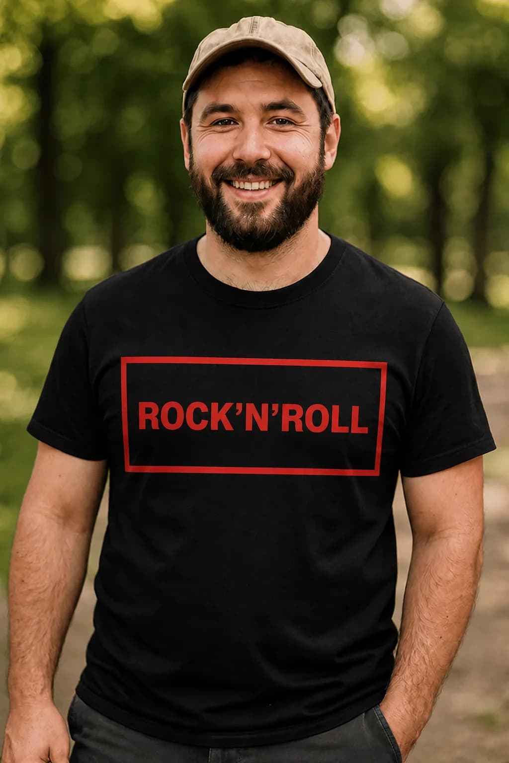 Homme barbu en casquette portant un t-shirt noir avec une inscription rock'n'roll dans un cadre rouge rétro