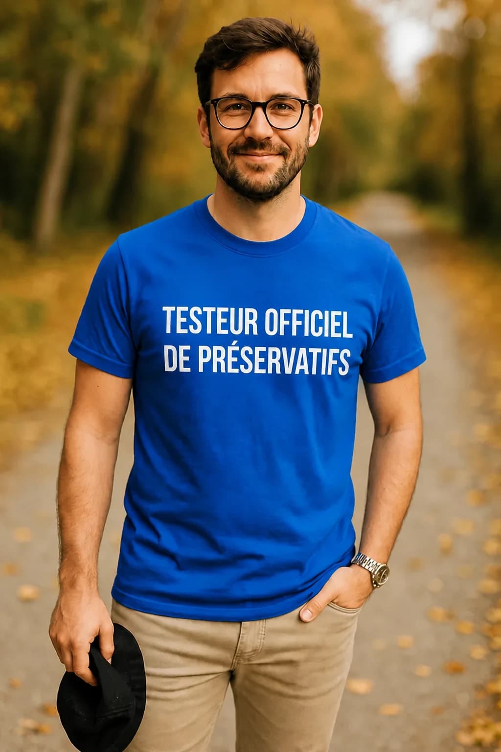 Homme à lunettes tenant un chapeau, en t-shirt bleu roi avec une inscription blanche humoristique façon logo
