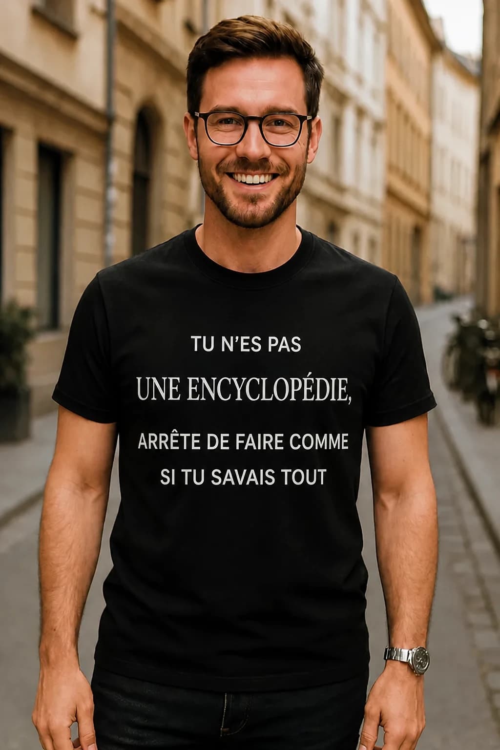 T-shirt noir humoristique avec le texte « Tu n'es pas une encyclopédie, arrête de faire comme si tu savais tout »