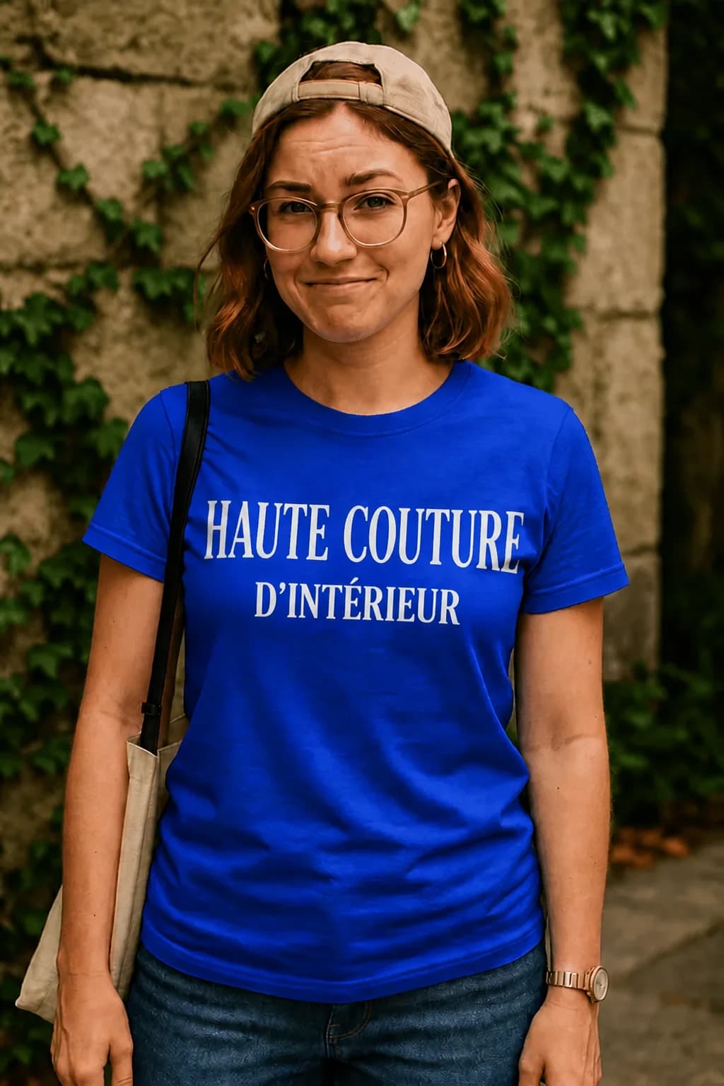 T-shirt bleu roi avec le texte élégant « Haute couture d'intérieur » en lettres blanches