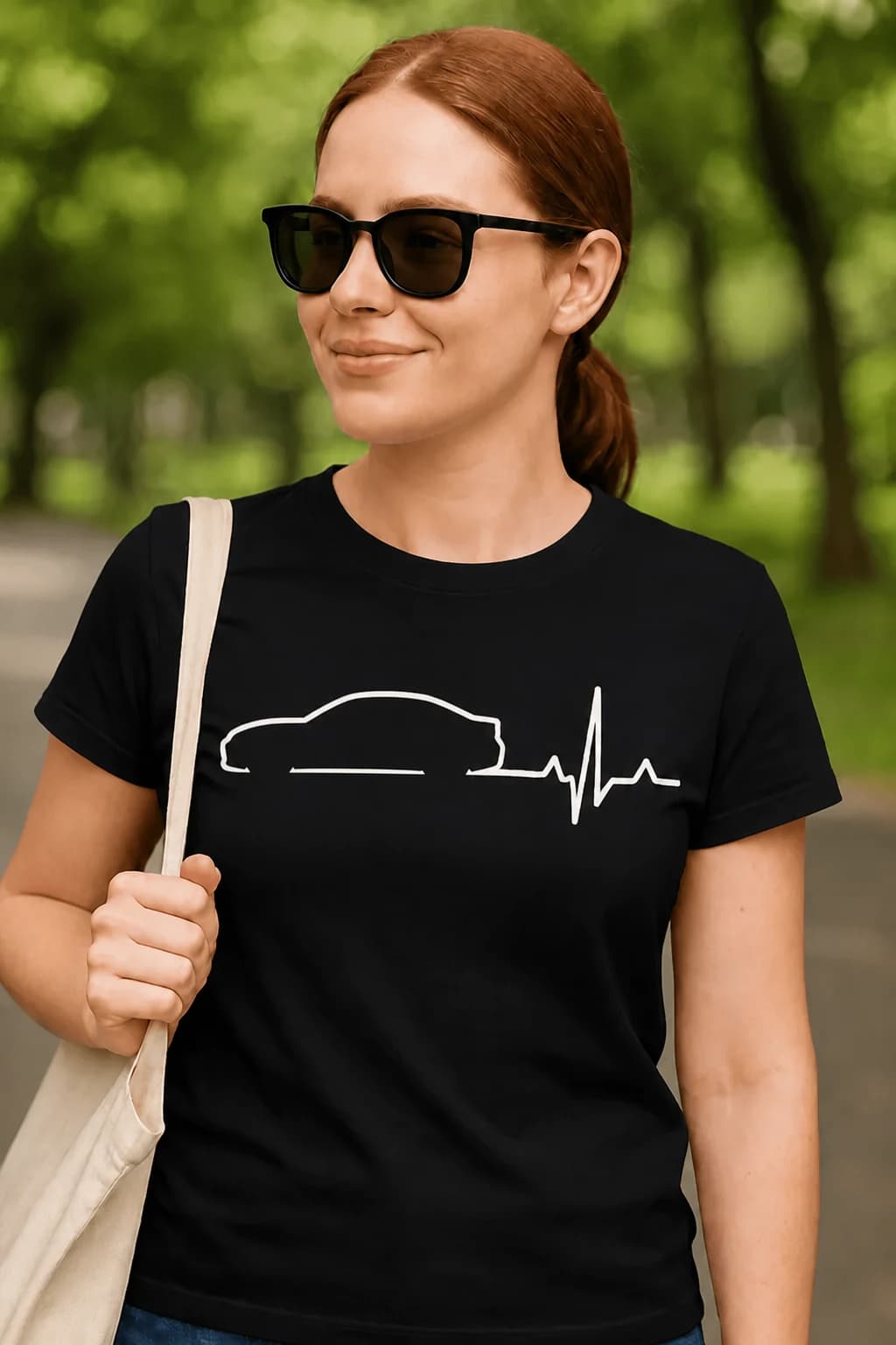 T-shirt noir avec une silhouette de voiture suivie d'une ligne de battement de cœur, motif passion automobile