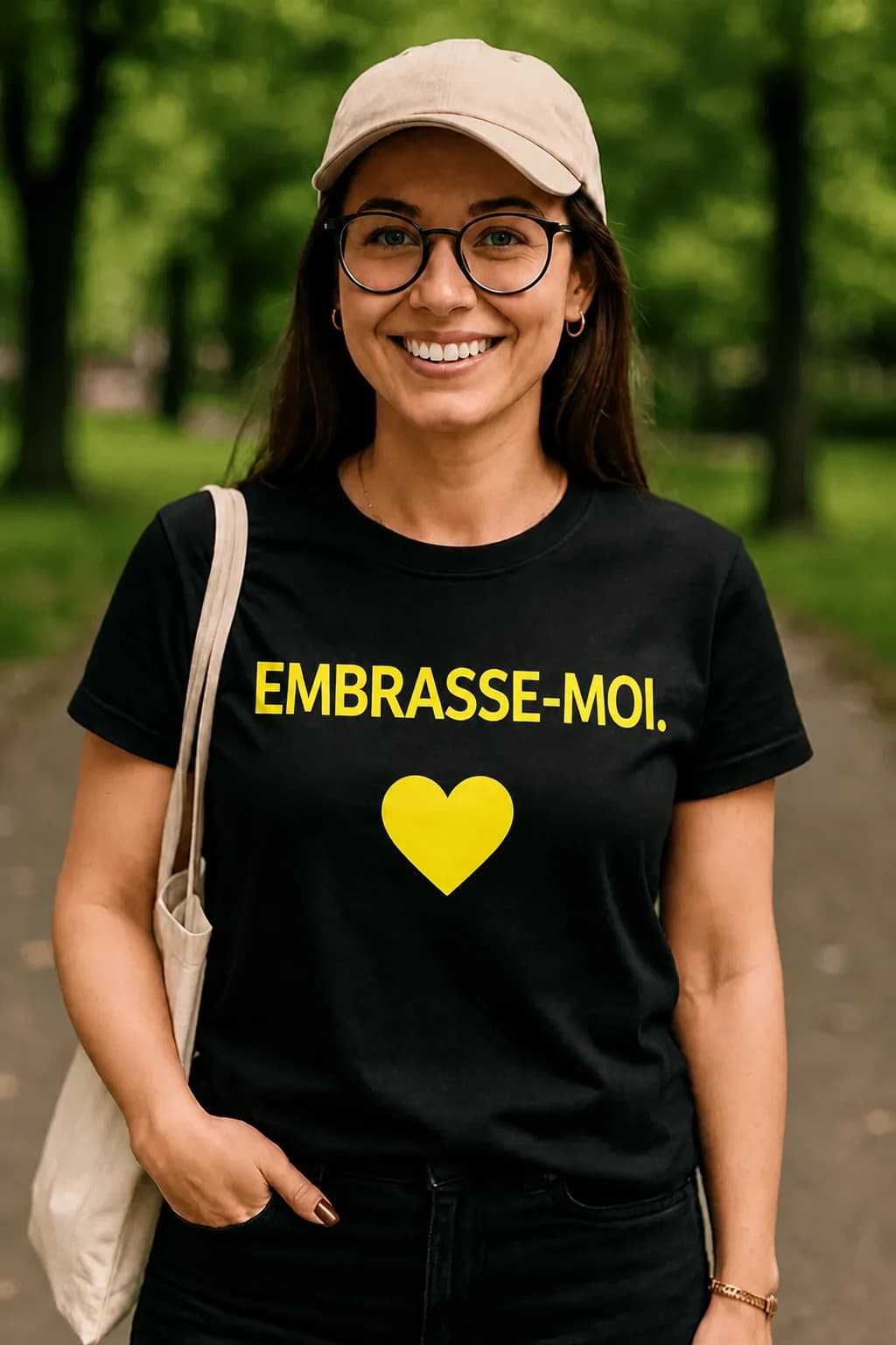 Femme souriante en t-shirt noir avec le texte jaune « Embrasse-moi » et un cœur, idée de t-shirt Saint-Valentin