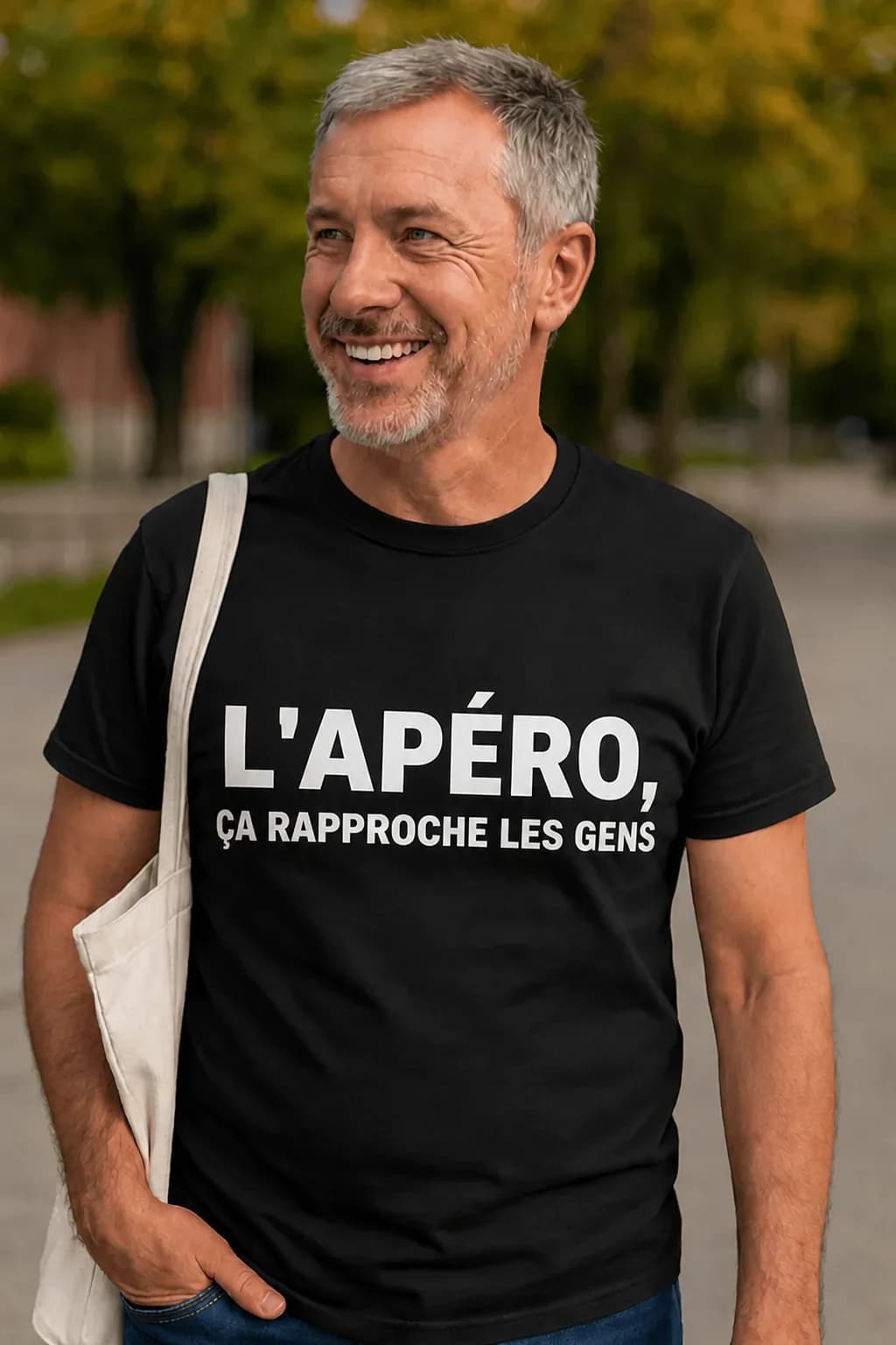 Homme souriant en t-shirt noir « L'apéro, ça rapproche les gens » en lettres capitales blanches
