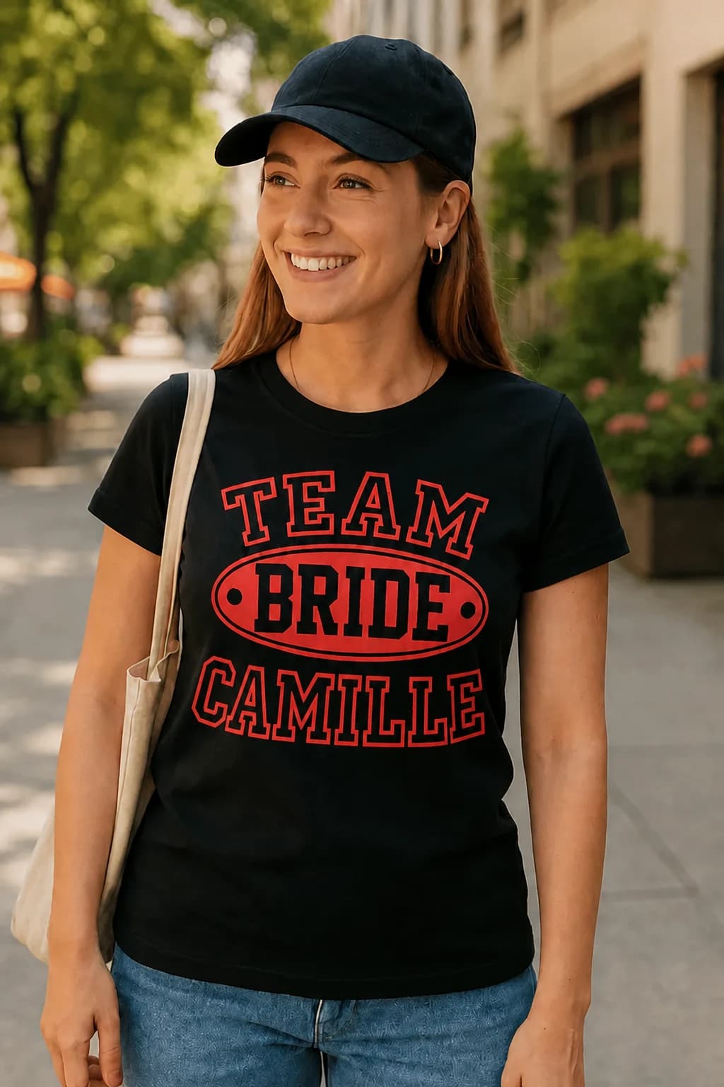 Femme en casquette et t-shirt noir avec « Team Bride » en rouge style universitaire et le prénom Camille