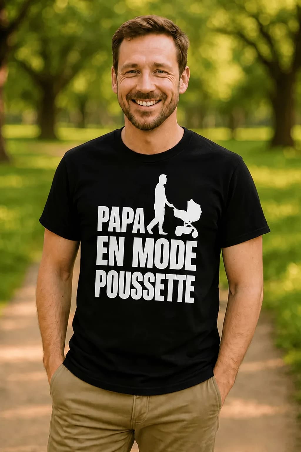 Homme souriant en t-shirt noir avec la silhouette d'un papa poussant un landau et le texte « Papa en mode poussette »