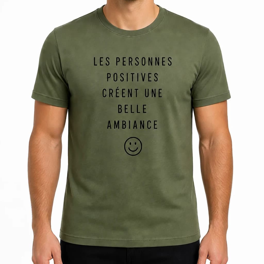 T-shirt kaki « Les personnes positives créent une belle ambiance » avec smiley imprimé en noir