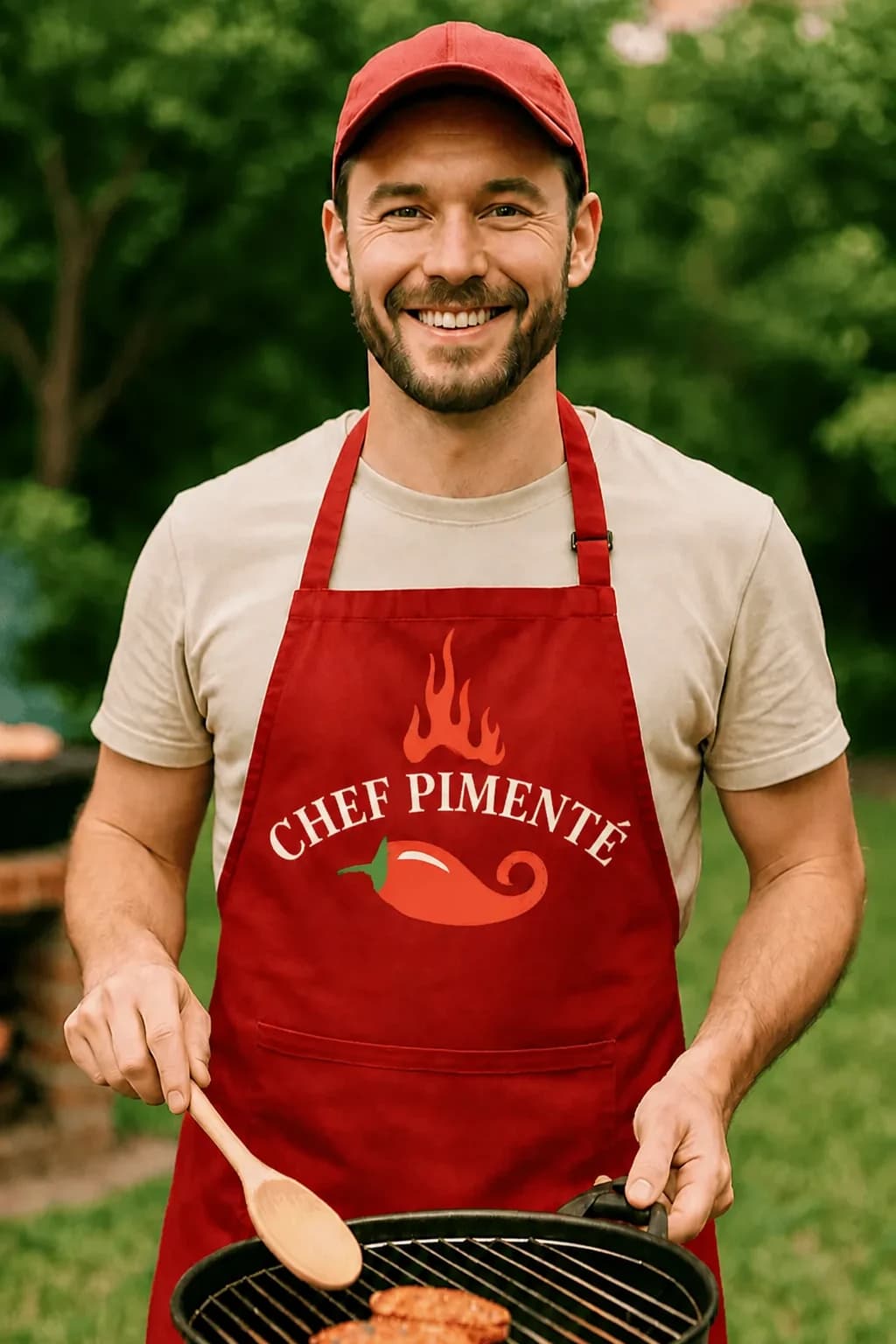 Homme souriant en tablier rouge « Chef pimenté » avec flamme et piment, devant un barbecue