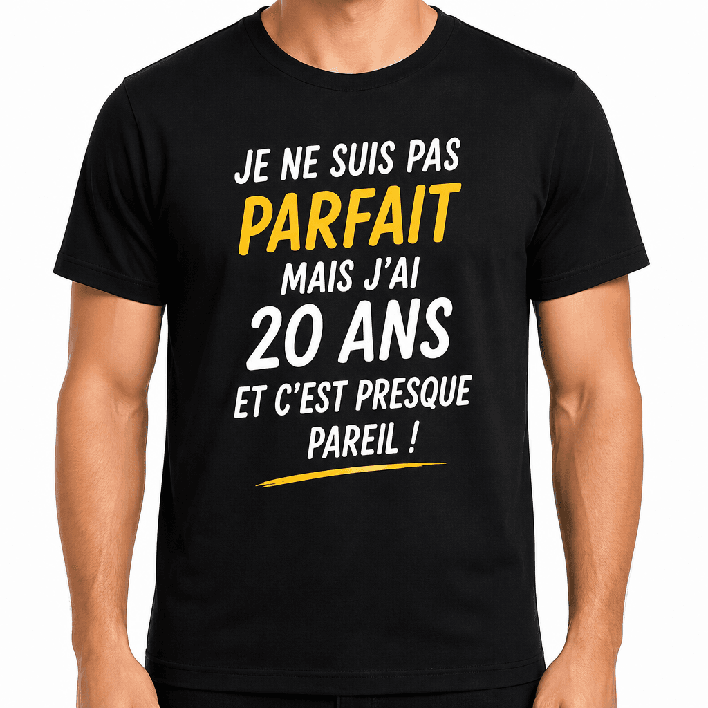 T-shirt 20 ans – Je ne suis pas parfait mais j'ai 20 ans et c'est presque pareil !