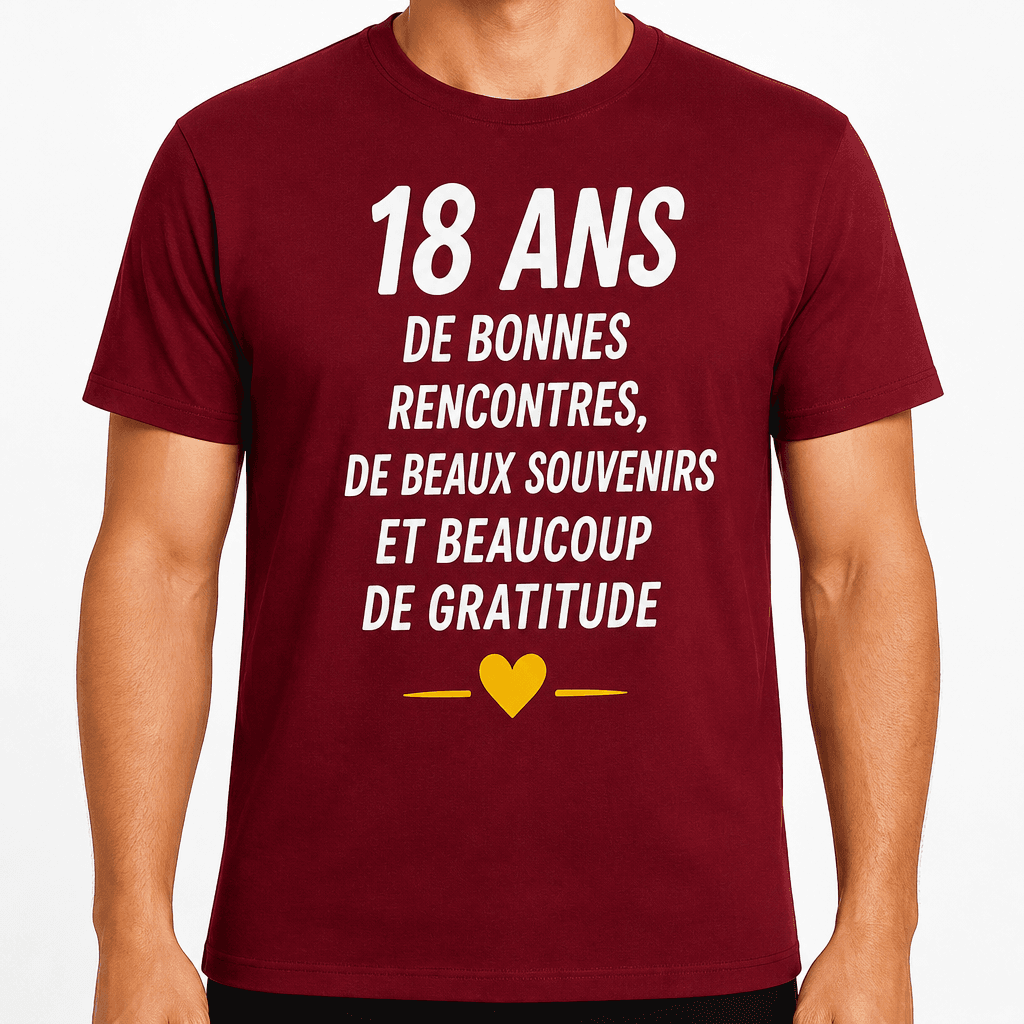 T-shirt 18 ans – 18 ans de bonnes rencontres, de beaux souvenirs et beaucoup de gratitude