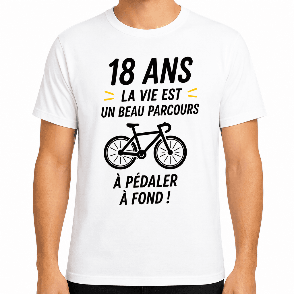 T-shirt 18 ans – 18 ans la vie est un beau parcours à pédaler à fond !
