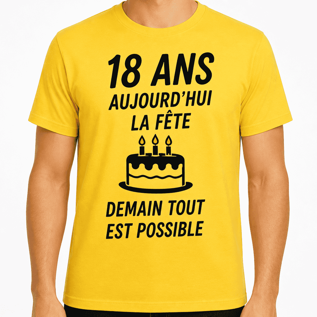 T-shirt 18 ans â 18 ans aujourdâhui la fĂȘte demain tout est possible