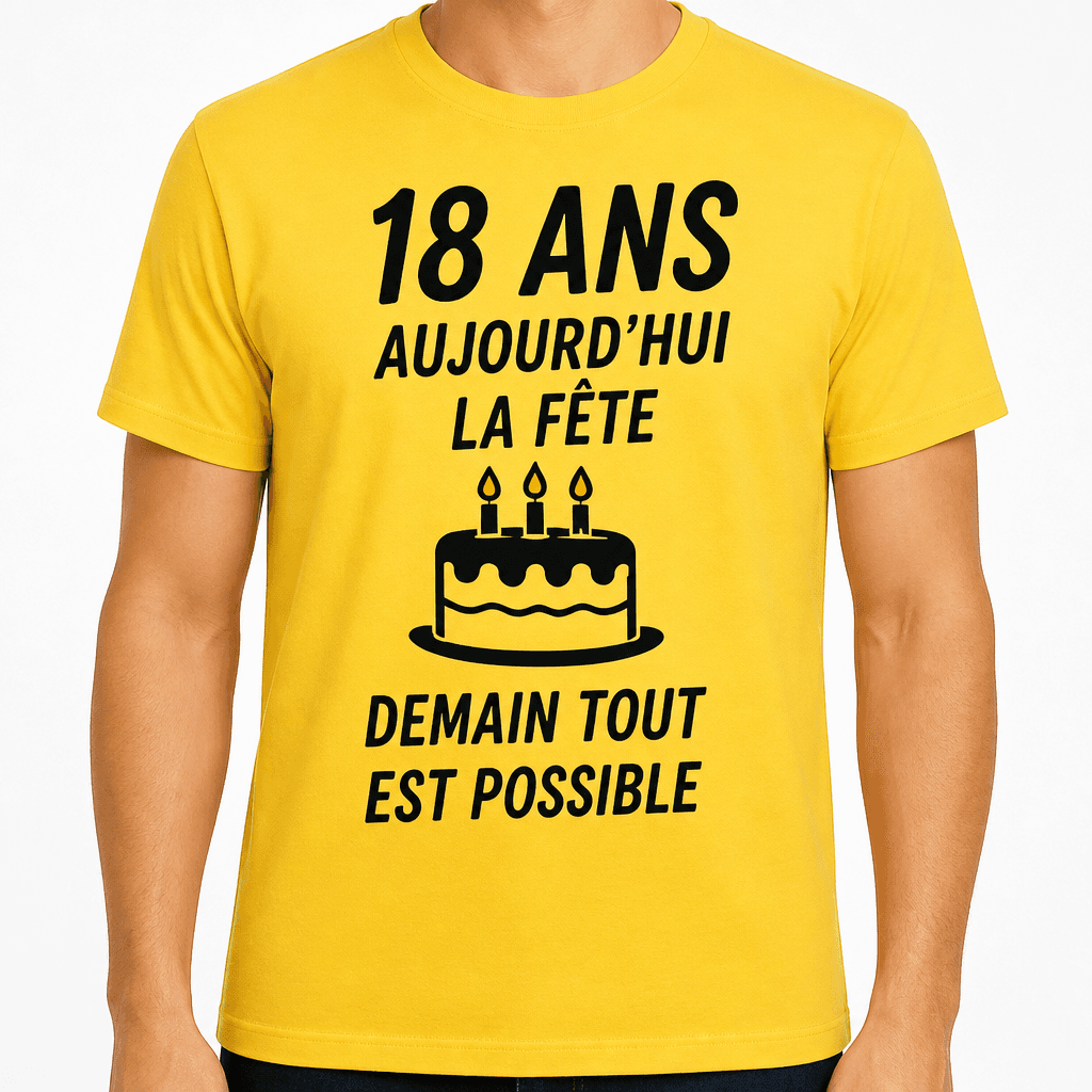 T-shirt 18 ans – 18 ans aujourd’hui la fête demain tout est possible