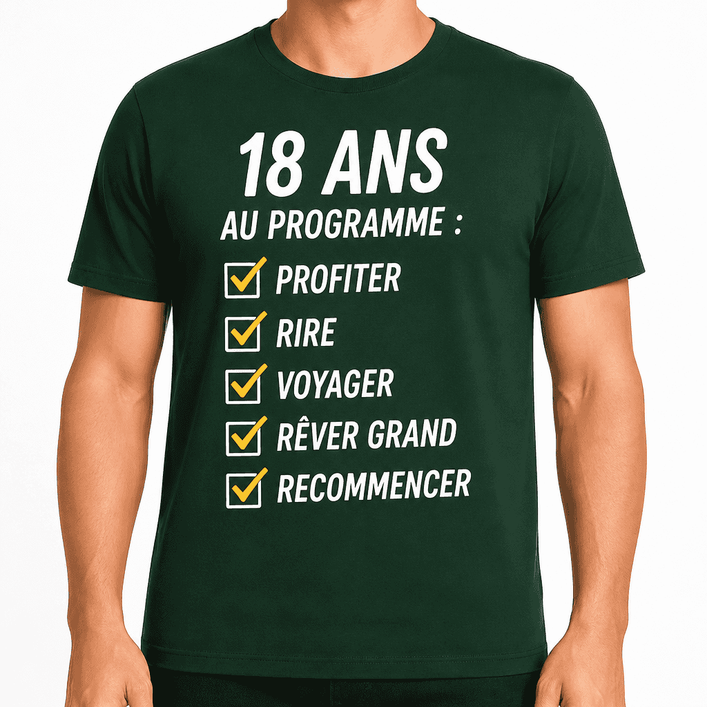 T-shirt 18 ans â 18 ans au programme : profiter rire voyager rĂȘver grand recommencer