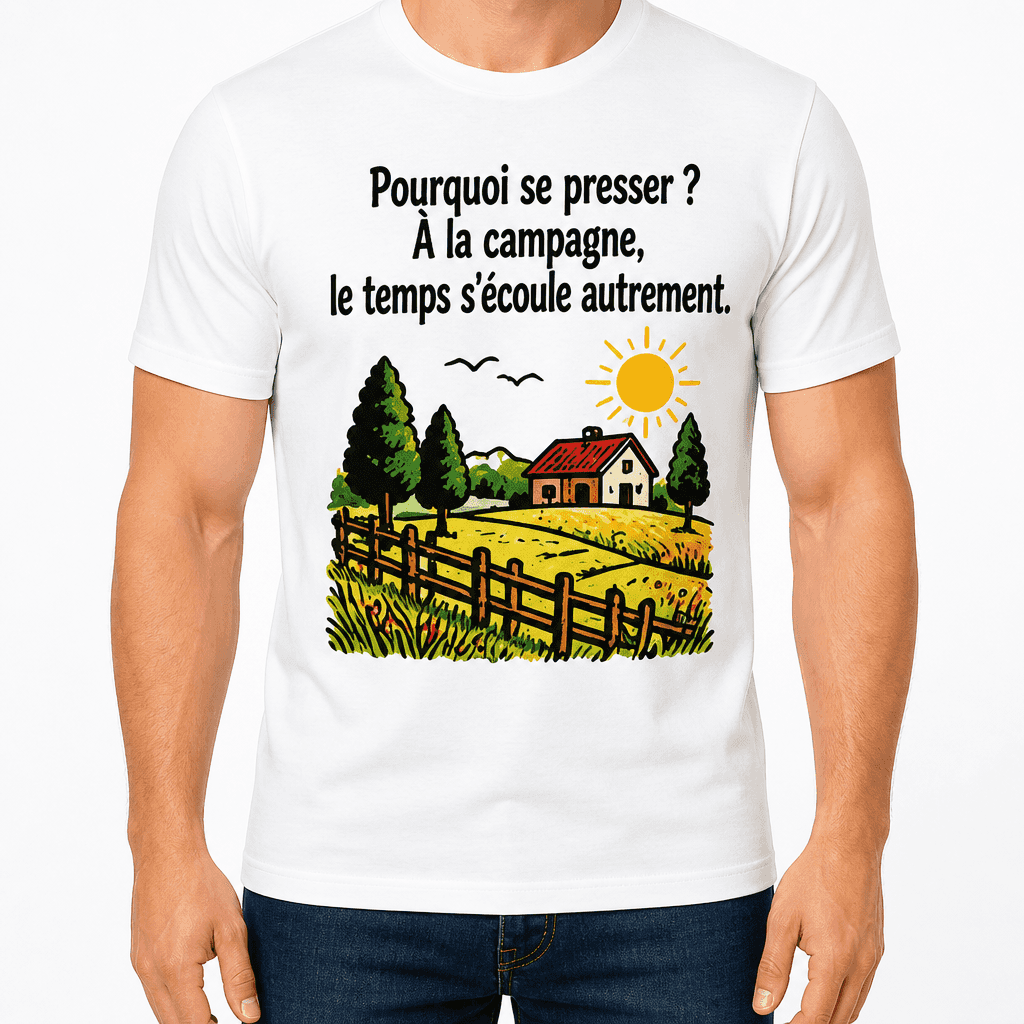 T-shirt agriculteur – Pourquoi se presser ? À la campagne, le temps s'écoule autrement.