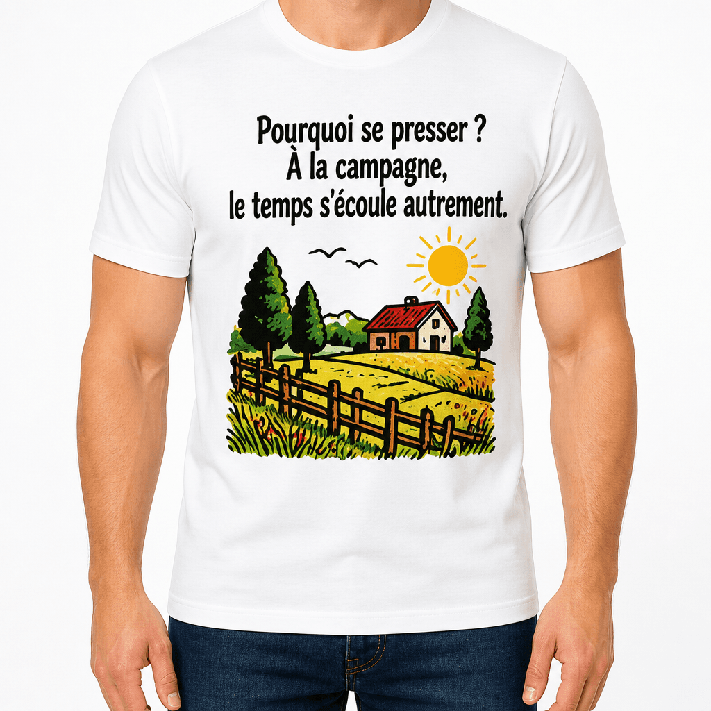 T-shirt agriculteur – Pourquoi se presser ? À la campagne, le temps s'écoule autrement.