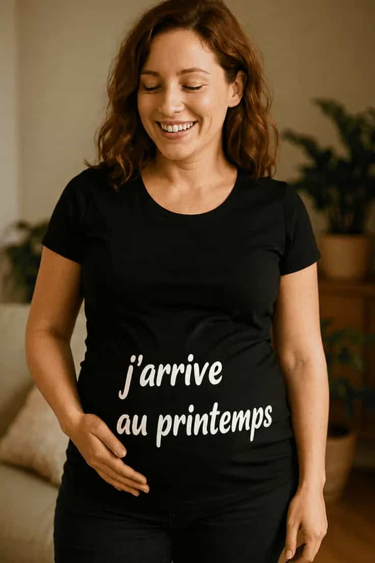 T-shirt de grossesse Bébé arrive au printemps