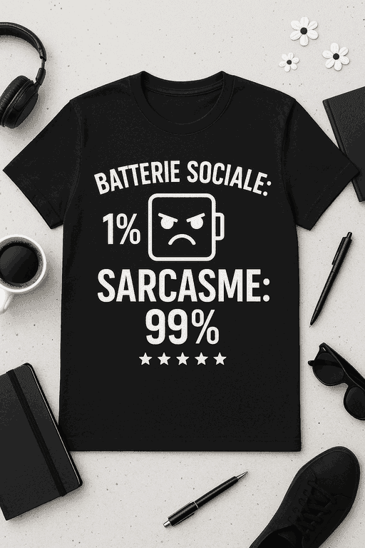 T-shirt 'Batterie sociale: 1% | Sarcasme: 99%'